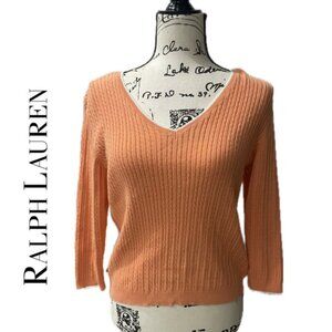 PREPPY COQUETTE CABLE KNIT SWEATER RALPH LAUREN 100% COTTON V NECK SZ PM CORAL
